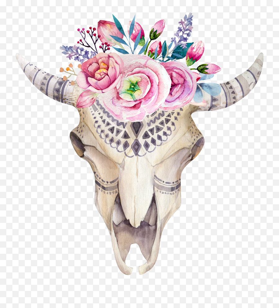 Download Watercolor Flower Skull Boho - Flower Bull Skull Decal Emoji,Flower Vs Footprints Skull Emoji