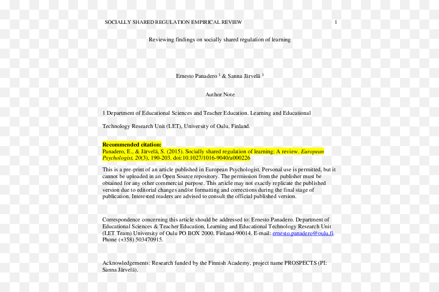 Pdf Socially Shared Regulation Of Learning A Review - Document Emoji,Zones Of Regulation Emotion Tracker