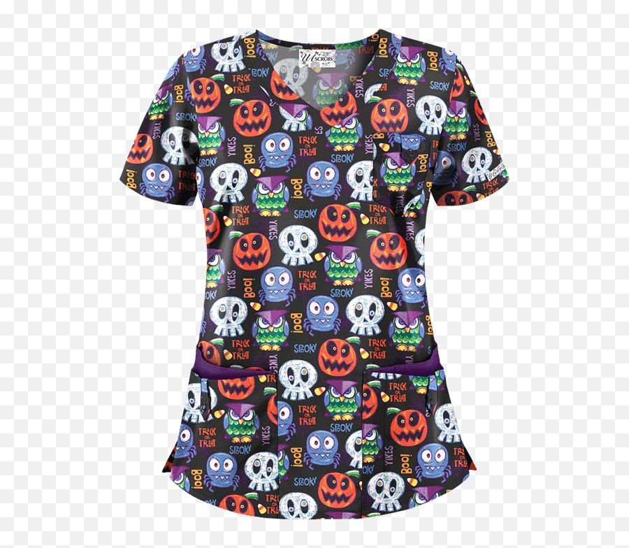 Ua Trick Or Treat Black Print Scrub Top Halloween Prints - Short Sleeve Emoji,Tokidoki Emoticons