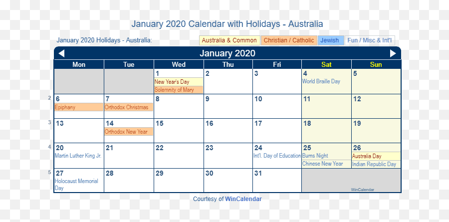 January 2020 Calendar With Holidays - Australia Emoji,Holocaust Emojis