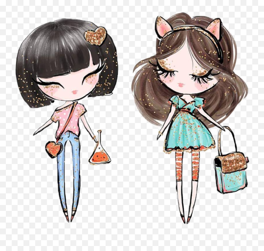 Watercolor Schoolgirls Sticker - Hime Cut Emoji,School Satchel Emoji