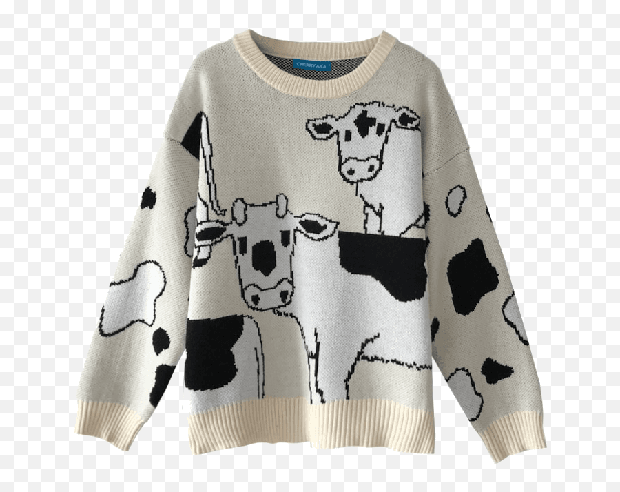 Vintage Lazy Loose Cow Printed Sweater For Female U2013 Dresoo Emoji,Cow Milking Emoji