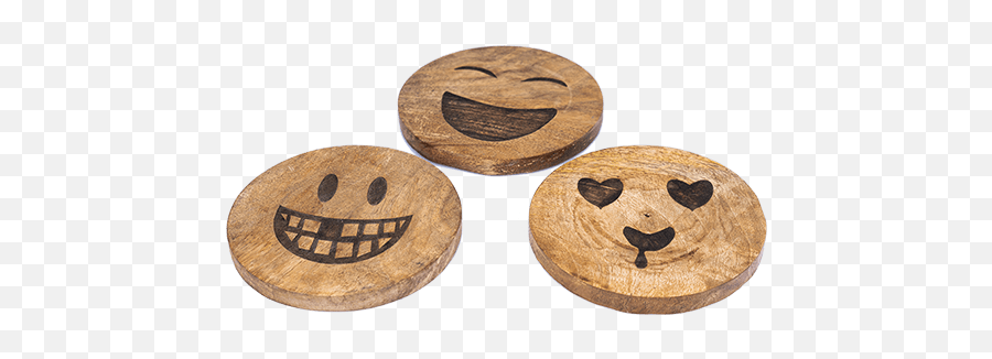 Buy Wooden Emoji Coaster Set Of 3 L - Happy,Metal Horn Emoji