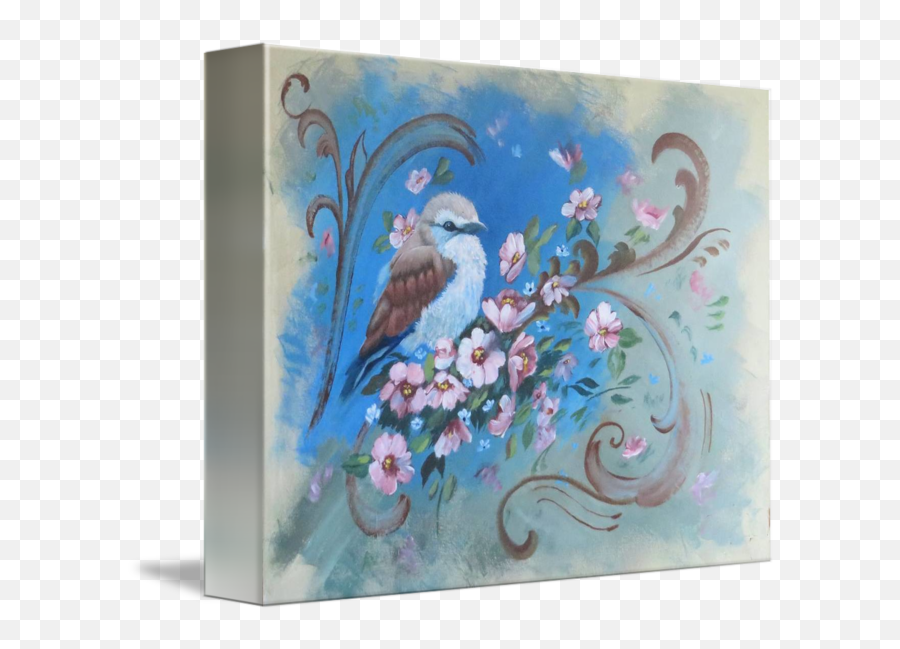 Acrylic Bird Painting A Fluffy Bird With Blossoms By Velvet Tetrault - Picture Frame Emoji,Dance Emotion Painting