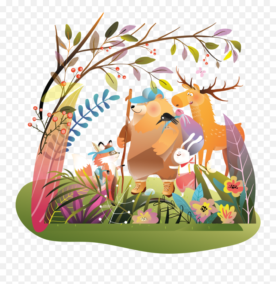 Animal Friends In Forest Illustration Wall Art Emoji,Friends Holding Hands Emoji