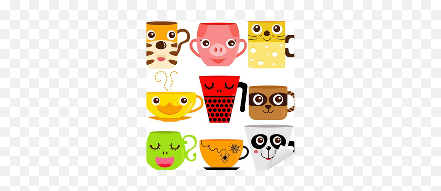 Vector Of Coffee Cup Mug With Different Animal Patterns - Animal Cups Cartoon Emoji,Coffee Sticker Emoticon