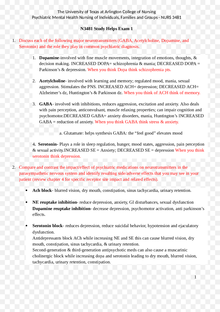 N3481 Exam 1 Study Helps - Document Emoji,Neurotransmitters Involved In Emotions