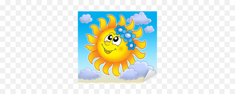 Smiling Sun With Flowers On Blue Sky Sticker U2022 Pixers - We Emoji,Emoticon For Blue Flower