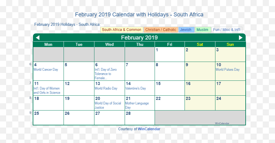 February 2019 Calendar With Holidays - South Africa Dot Emoji,Christian Catholic Emojis