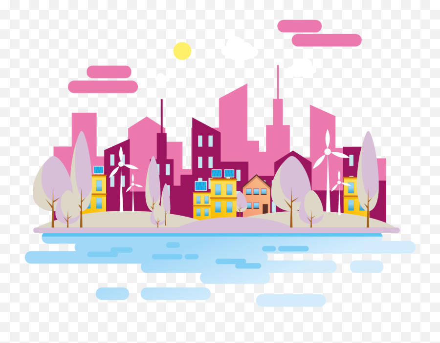Pink City With Sea Illustration Decal - Tenstickers Vertical Emoji,Big Emoji Wall Stickers