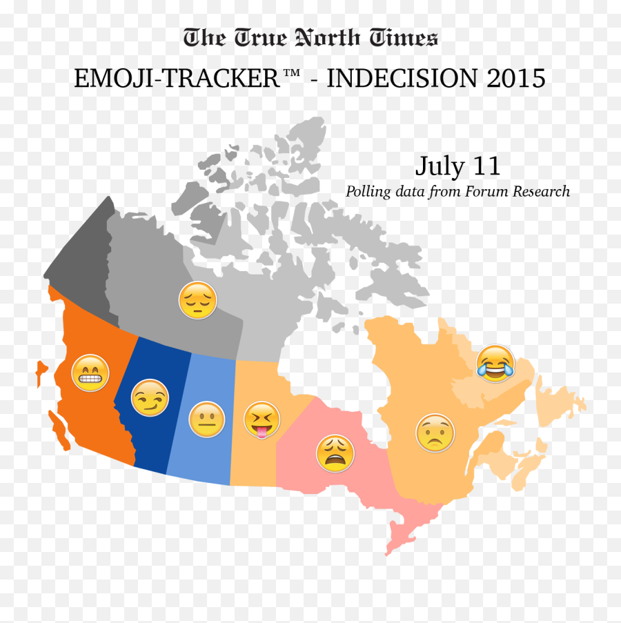 Election 2015 Poll Update July 11 - The True North Times Map Of Canada Black Emoji,Barfing Emoji