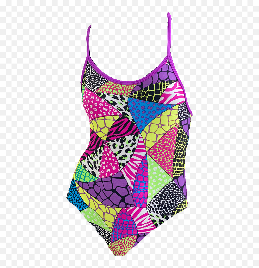 Toogs Thin Strap Swimsuit In Bright Multi - Colour Segmented Animal Prints Design With Purple Straps Sleeveless Emoji,New Emojis 2019 Swimsuit