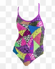 Toogs Thin Strap Swimsuit In Bright Multi - Colour Segmented Animal Prints Design With Purple Straps Sleeveless Emoji,New Emojis 2019 Swimsuit