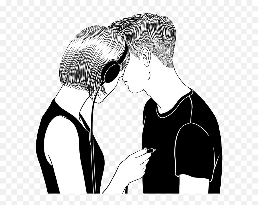 Outline Tumblr Couple Pareja Love Amor Remixlt Art - Henn Boy And Girl With Headphones Drawing Emoji,Lovew Emoji Outline
