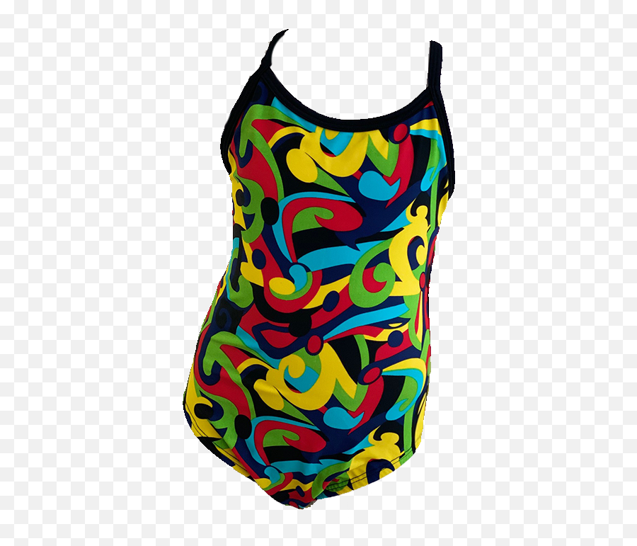 Toogs Thin Strap Swimsuit In Navy Red Yellow Blue And Green Swirling Pattern With Black Straps - Sleeveless Emoji,Dive Flag Emoji