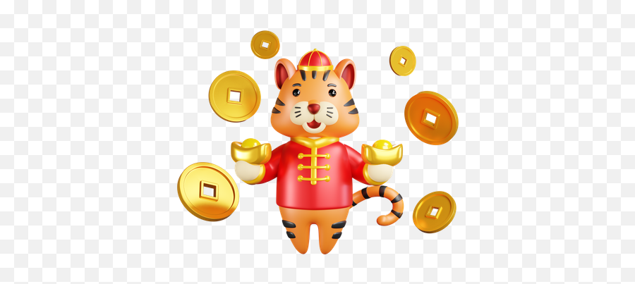 Premium Chinese New Year Tiger With Coins 3d Illustration Emoji,Chinese New Year Emoji