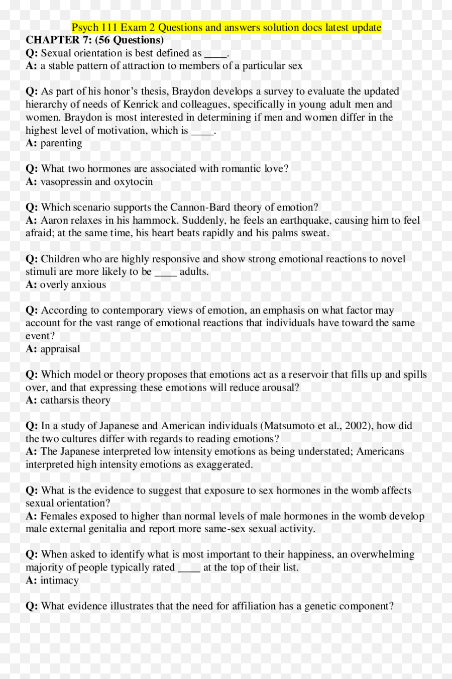Psych 111 Exam 2 Chapter 7 - 10 Questions And Answers Solution Horizontal Emoji,James Lange Theory Of Emotion