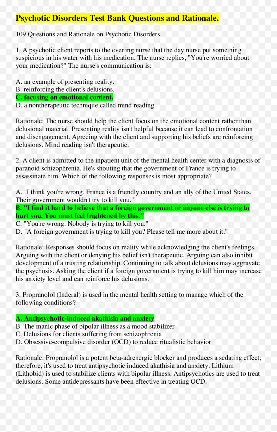 Nurs 111 Psychotic Disorders Test Bank Questions And Rationale - Document Emoji,Emotion Level Manic