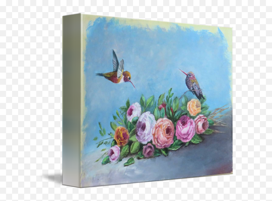 Bird Paintings Hummingbird With Roses Flowers By Velvet Tetrault - Hummingbird Flowers Painting With Birds Emoji,Blue Emotion Rose