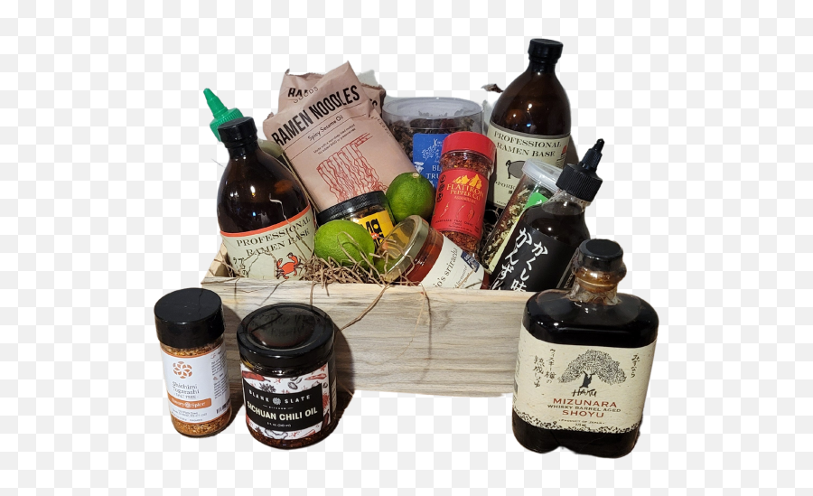 Deluxe Ramen Gift Crate With Some Colorado Products And Proffesional Ramen Broth Emoji,Whiskey Bottle Emoji