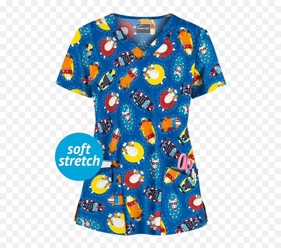 Butter - Soft Pool Pups Royal Rounded Scrub Top Veterinary Scrubs Emoji,Butter Emoji