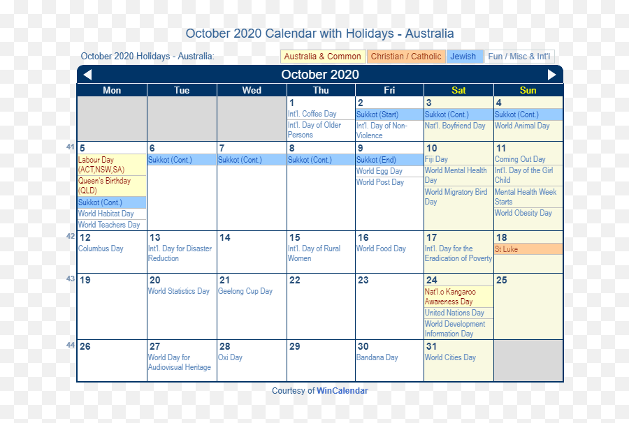 October 2020 Calendar With Holidays - Australia Emoji,October Birthday Emojis