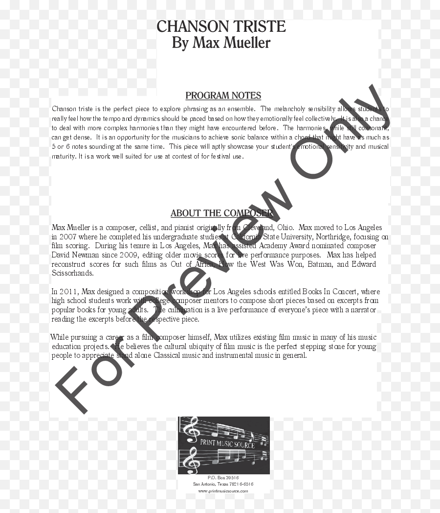 Chanson Triste By Max Mueller Jw Pepper Sheet Music - Document Emoji,Emotions Triste