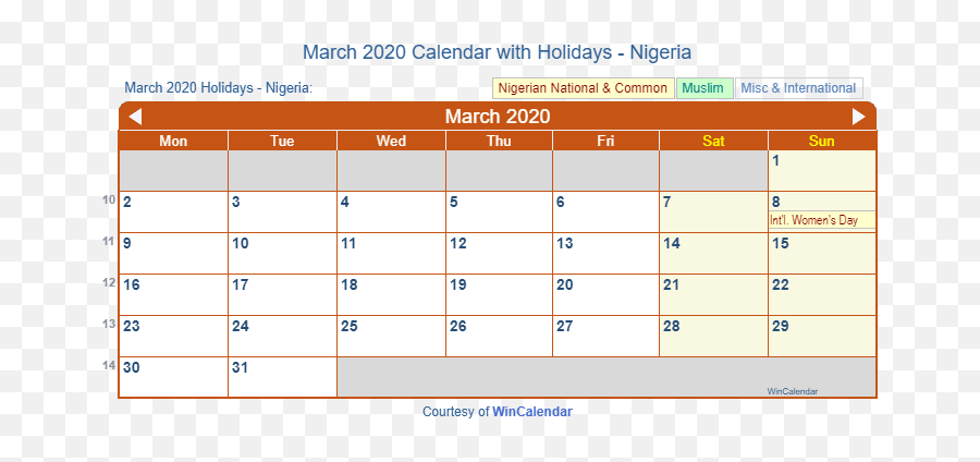 March 2020 Calendar With Holidays - Vertical Emoji,Nigeria Emoji