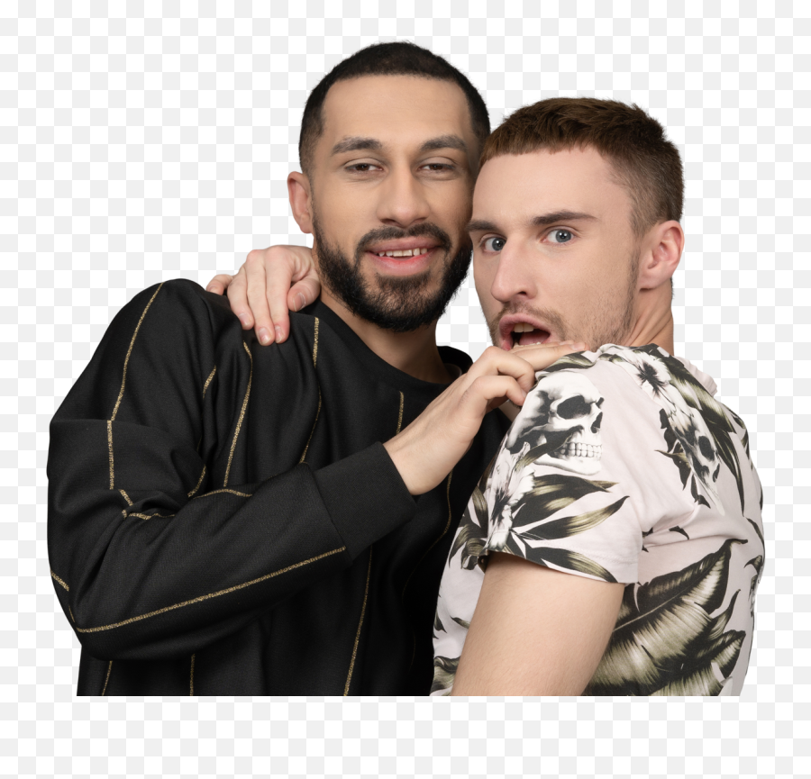 Portrait Of A Young Male Couple Looking At Camera One With A Emoji,Zane Face Emoji