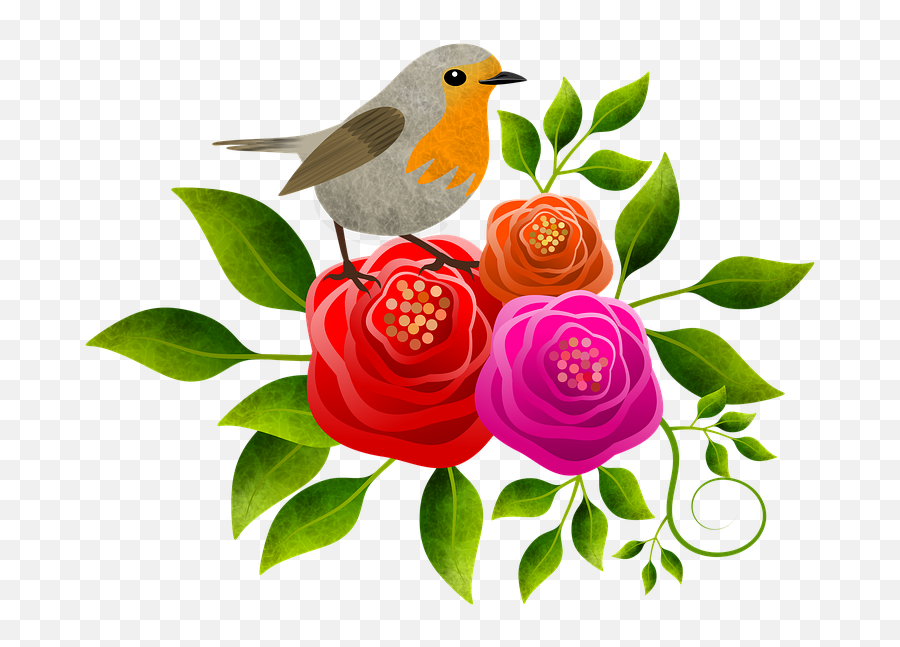 Redhead Bird Flowers Floral Roses Floor - Burung Dan Bunga Mawar Emoji,Flower Emojis Ong