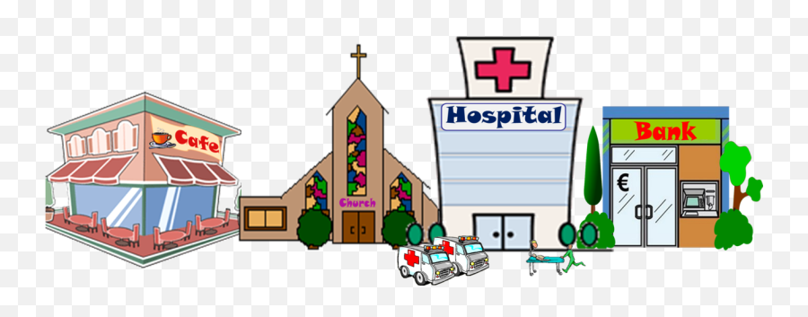 Prepositions Of Place - Hospital Is In Front Of The Bank Emoji,Car Swimming Emoji