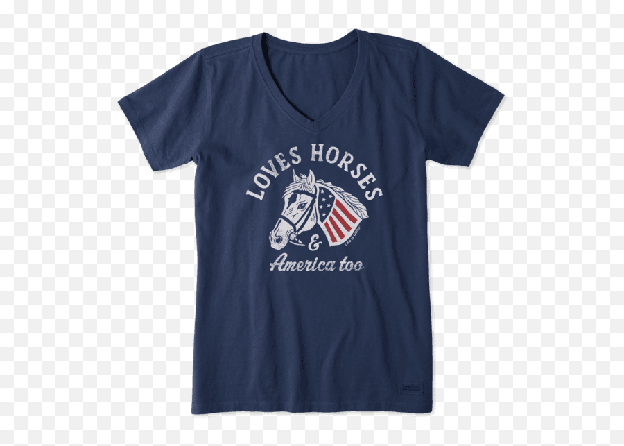 Womenu0027s Loves Horses U0026 America Too Crusher Vee Life Is - Life Is Good Grandma Shirt Emoji,Hand Two Horses Emoji