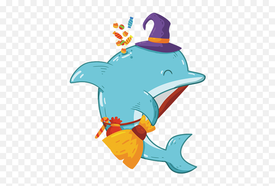 Halloween Dolphin Witch With Broom - Common Bottlenose Dolphin Emoji,Witch On Broom Emoticon