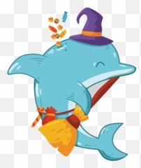 Halloween Dolphin Witch With Broom - Common Bottlenose Dolphin Emoji,Witch On Broom Emoticon
