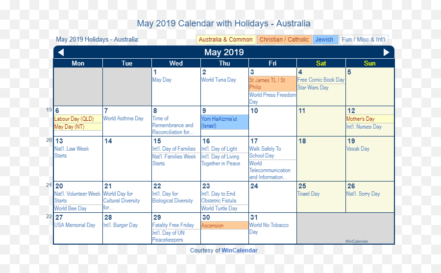 May 2019 Calendar With Holidays - Australia December 2020 Calendar Holidays Emoji,Nurses Day Emoji