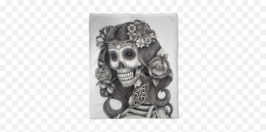 Skull Art Day Of The Deadart Design Women Skull Head Action Smiley Face Day Of The Dead Festival Hand Pencil Drawing On Paper Plush Blanket U2022 - Day Of The Dead Fashion Drawing Emoji,How To Draw A Chibi Skull Emoticon In Photoshop