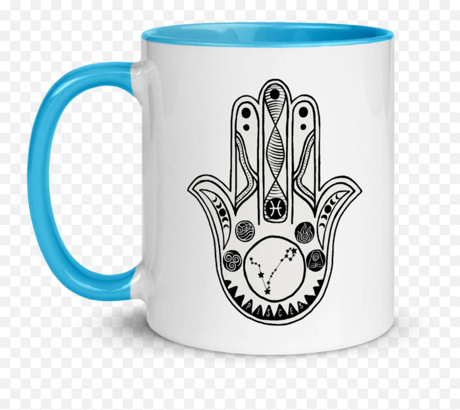 Pisces Zodiac Sign Hamsa Hand Of Protection Mug With Yellow Black Blue Or Red Inside Emoji,The Zodiac Signs As Symbolism -face -smiley -smileys -smilies -emoji -emojis