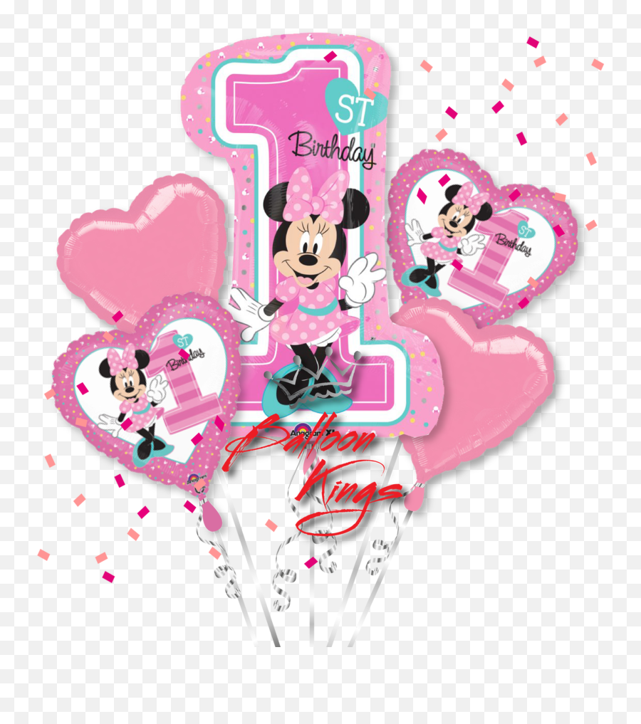 1st Birthday Minnie Mouse Bouquet - Minnie Mouse With 1st Birthday Balloon Emoji,Heart Shaped Mickey Emoji