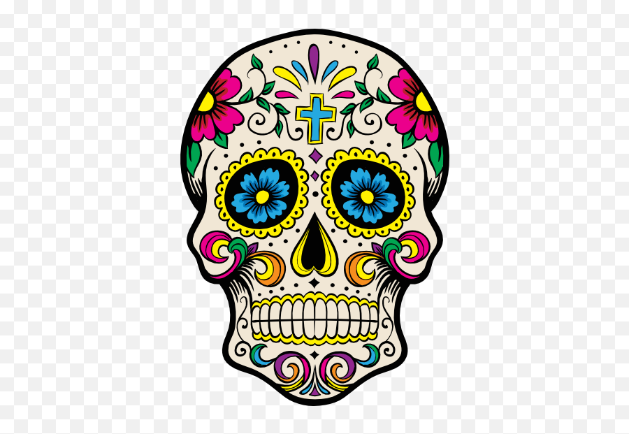Painted Skull With Flowers And Cross Sticker - Traditional Sugar Skull Designs Emoji,Day Of The Dead Emoji