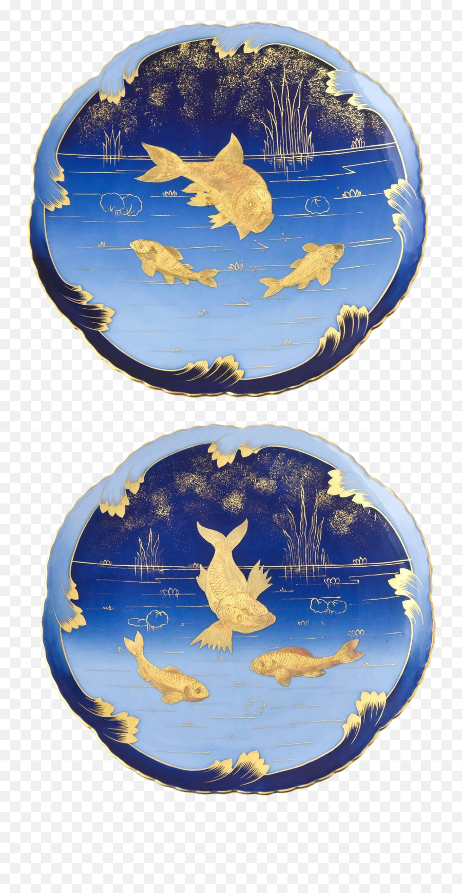 19th Century Art Nouveau Porcelain Gold And Blue Fish Plates - A Pair Emoji,Fishes Swimming Emojis
