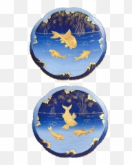 19th Century Art Nouveau Porcelain Gold And Blue Fish Plates - A Pair Emoji,Fishes Swimming Emojis