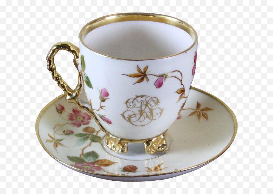 Collectoru0027s Tea Cup U0026 Saucer Gold Rim U0026 Floral Decoration - Teacup And Saucer Gold Emoji,Tea For You, Tea For Me. Drink Tea Hot, Forget Me Not Smile Emoticon