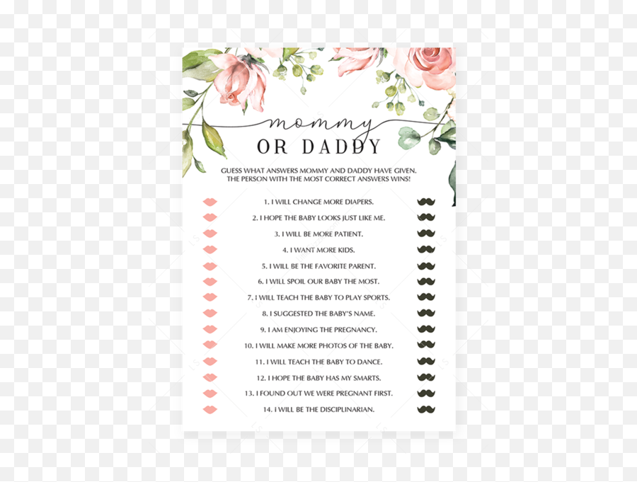 Floral Mommy Daddy Baby Shower Game Printable Download - Baby Predictions Game Shower Emoji,3 Cherries Guess The Emoji