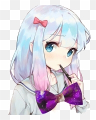 Bowtie Anime Cute Girl Sticker - Colorful Hair Drawing Anime Emoji,Anime Girl Thinking Emoji