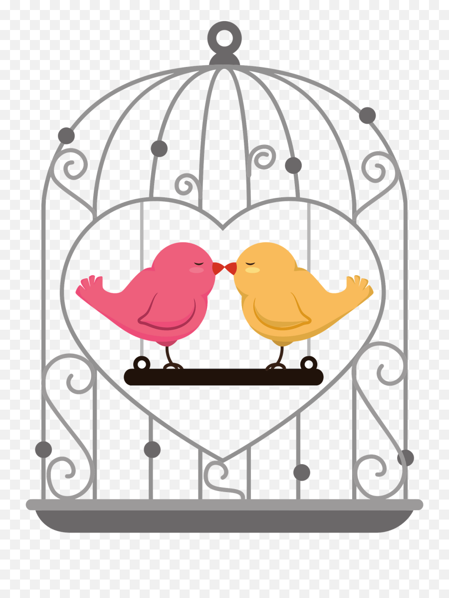 Pink And Yellow Birds Kiss Inside A Bird Cage Clipart Free - 2 Birds In A Cage Clipart Emoji,Emojis Para Coquetear