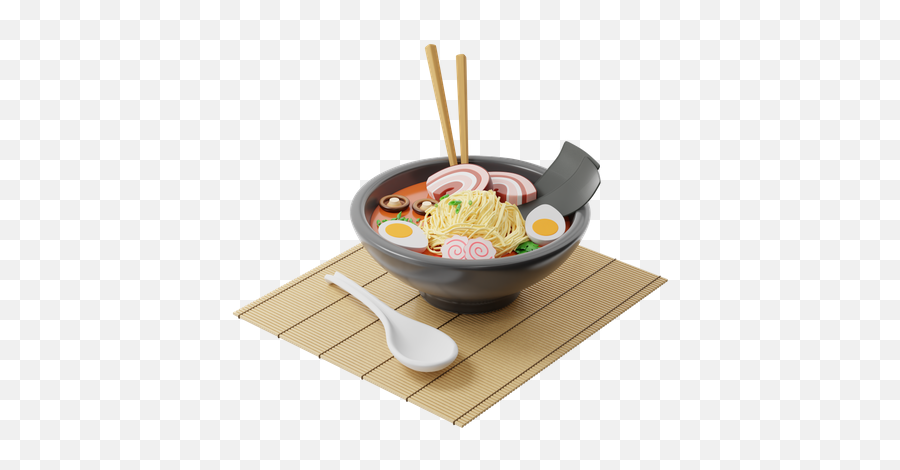 Premium Japanese Ramen Soup In A Round Plate On A Bamboo Mat Emoji,Bamboo With Red Emoji