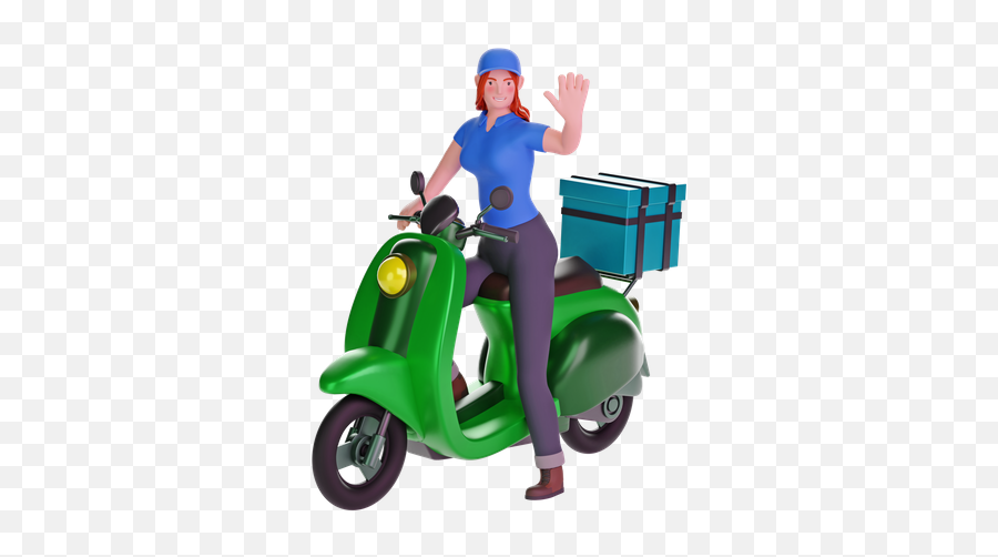 Premium Delivery Girl Waving While Riding Motorcycle 3d Emoji,Women Wave Emoji