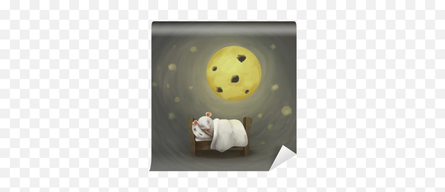Little White Mouseu0027s Dreams In Cozy Bed Under Cheese Moon Have A Good Dreams Sleep Well Cute Card Illustration For Kids And Adults Wall Mural U2022 - Dors Bien Petite Souris Emoji,Emoticon Of A Mouse