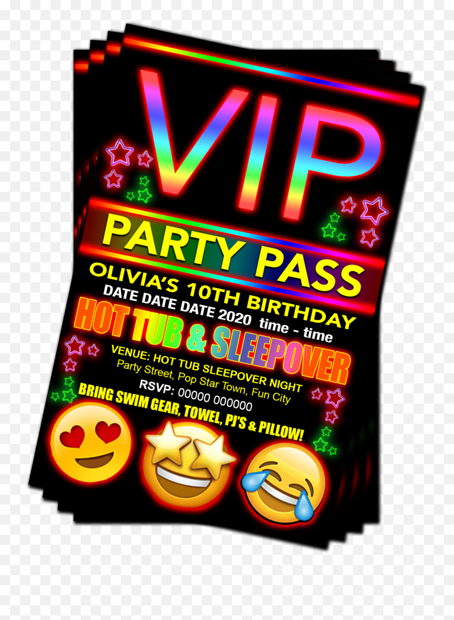 Hot Tub Sleepover Birthday Party Invitation Vip Pass Emoji Red Pink Blue Grandwazoodesign - Happy,Towel Emoji