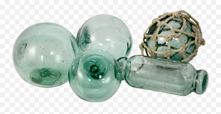 Vintage Japanese Glass Fishing Floats 2 Netted Lot Of 5 - Glass Bottle Emoji,Madtown Emotion